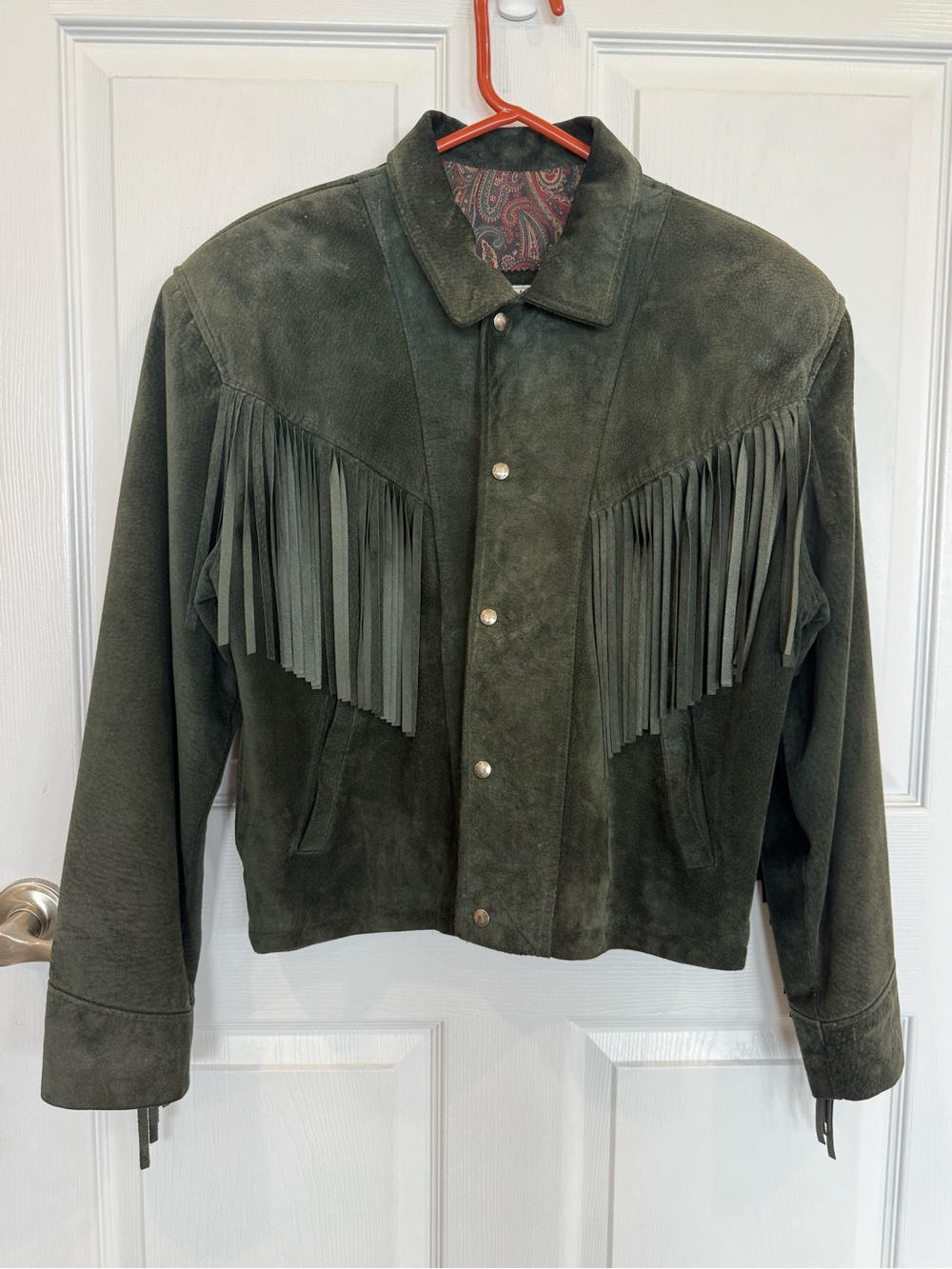 Vintage Green Suede Leather Fringe Jacket  Pockets Western Cowgirl